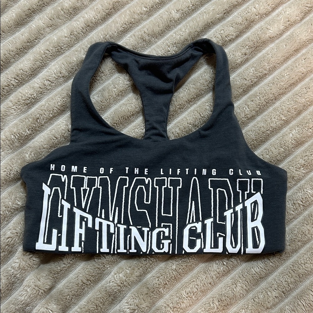 Gymshark Charcoal Sports Bra with White Lettering